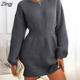 PETAL Honeycomb Knit Brown Sweater Dress Woman Casual Long Sleeve Long Sweater Dress 2023 Autumn Winter Pullovers