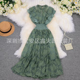 Zingj Retro Round Collar Lace Pressure Pleated Skirt Temperament Goddess Fan Xia New Style Waist Lotus Edge Show Thin