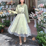 Sleeve Dress Women Patchwork Bow Collar Embroidery Elegant College Trendy Causal Holiday Ulzzang Empire Lovely Fall