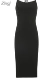 Korean Fashion Backless Black Basic Long Dress Female Spaghetti Strap Sundress Slim Split Sexy Summer Dresses