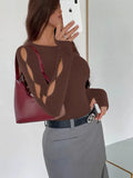 Women's Casual Long-Sleeved Round-Neck Solid-Colored Hollow