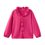 Spring And Summer New Solid Color Long-Sleeved Lotus Leaf-Side Shirt Women's