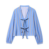 New Fashion Temperament Bow Striped House Silk Lining Long-Sleeved Shirt
