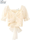 Women Clothes Y2K Sweet Cute Lace Pullovers Blouse Vintage Casual Short Sleeve Square Collar Korean Office Lady Shirt Top