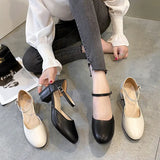 Women's 2025 Four Seasons New Round Head Simple Shallow Single Shoes Women's Buckle Thick Heel High Heels Women's