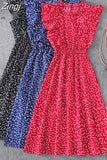Women Summer Polka Dot Chiffon Dress Short Sleeve Party Sweet Slim A-Line Casual Elastic Waist Elegant Midi Dresses Robe