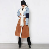 Zingj New Long Denim Splicing Lamb Wool Coat Female Lapel Waist Show Thin Temperament Fashion
