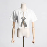 Summer New Set Diamond Sequin Bow Design Sense Short-Sleeved T-Shirt Women's Niche Design Sense Short