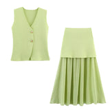 Women's 2025 Summer New V-Neck Gold Button Knitted Vest + Folding Skirt