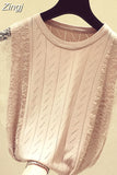 Sleeveless Lace Knitted Shirt 2023 Korean Patchwork Tops Women O-Neck Solid Hollow Out Clothes Mesh Chic Blusas 8795