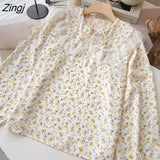 Floral Print Shirt Women Sweet Cute Peter Pan Collar Long Sleeve Laced Blouse Japanese Kawaii Lolita Tops Female