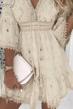 Lace Mini Dress Women Three Quarter Sleeve Dress Female V Neck Patchwork Lace Up Dress Ladies Vacation Beach