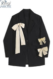 Women's Blazer Long Sleeve Black Suit Coats Bow Lace-Up Design 2023 Autumn New Casual Jacket Office Lady Loose Suit
