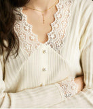V-Neck Lace Knitted Shirt Original Single Italian Women's Single Single Autumn European Long Sleeve Bottom Top