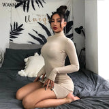 Turtleneck Long Sleeve Skinny Mini Dress Women Autumn New Cotton Solid Elastic Dresses 4 Color Bodycon Casual