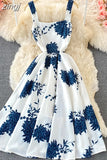 Blue Floral Midi Dress For Women Elegant Square Collar Spaghetti Strap Robe Female High Waist Big Swing Vestidos