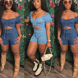 Jeans Women Jumpsuit Slash Solid Color Sportwear Hollow Out Drawstring Slim Sportwear Clothes For Women
