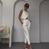Zingj Summer New Solid Color Round Collar Button Top Temperament Straight Pants Suit Women-Outfit