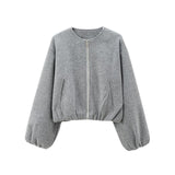 Women's ZA Autumn And Winter New Round Neck Soft Short Bomber Jacket