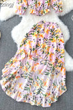 Bohemian Floral Printed Sets Women Sexy Slash Neck Short Tops + High Waist Ruffle Irregular Skirt Suit Female New