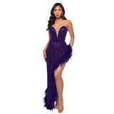 Tube Backless Sequined Feather Dress