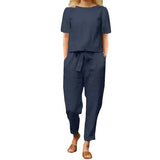 Women's Cotton Tample Summer With Suit Half-Sleeved O-Neck Oversized Hoodie E Broad Leg Pants Retro Two-Piece