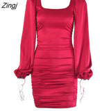 New Satin Puff-Sleeve Ruched Dress For Women Solid Square Collar Sexy Dresses Ladies Streetwear Backless Zip