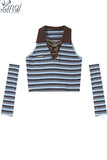 Women's Vintage Striped Slim T Shirt Y2k Design Knitted Tops Polo-Neck 90s Streetwear Harajuku Fashion Casual Crop Top