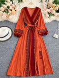 Autumn Women Printed Long Dress Vintage Puff Sleeve High Waist A-Line Vestidos Female 2023 New Fashion Beach