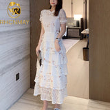 Layer Ruffles Lace Maxi Dress Runway Summer Women White Floral Embroidery Long Dress Hollow Out Cake Party Dress 211-1-Outfit