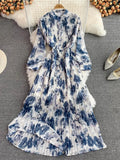 Autumn Bohemian Women Tie Dye Printed Pleated Long Dress Boho Stand Collar Puff Sleeve High Waist Draped Maxi Vestido