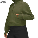 Women‣s Stand Collar Pullovers Long Sleeve Solid Color Half Zip Front Pocket Sweatshirts Spring Autumn Loose