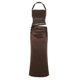 Sense Mesh Splicing Perspective Exposed Waist Hanging Neck Hanging Dress 2025 Spring And Autumn Temperament Long
