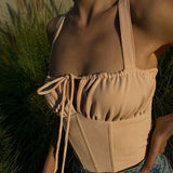Sleeveless Camis Women Lace up Ruched Tank Top Women Summer 2021 Casual Elegant Crop Top Bandage Backless Solid