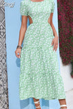 Boho Beach Long Dress Women Summer Short Sleeve Floral Print Sundress Vacation