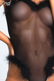 Sexy Mesh Sheer See Through Bodysuits Women Fur Feather Patchwork Sleeveless Strap V-neck Jumpsuits Female