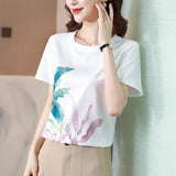 Fashion Women Shirt Silk Blouses for Woman Short Sleeve Shirts Tops Woman White Print Pullover Summer OL Blouse Tops
