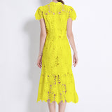 High-End Heavy Industry Hollow Water-Soluble Lace Collar Dress Female Summer Temperament Elegant Fishtail Dress
