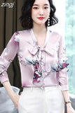 Silk Blouses Women Satin Print Blouse Women Long Sleeve Shirts Woman V-neck Silk Blouses Ladies Floral Blouse for