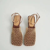 Fashion Retro Weaving Emptiness Square Head Coarse Heel Casual High-Heeled Women's Sandals In The Summer Of