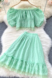 Women Hollow Out Lace Two Piece Set Orange/Purple/White Slash Neck Puff Sleeve Tops + High Waist Ruffle Skirt Beach