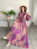 Retro Elegant Dress Women's Summer New Sweet Wooden Ear Splicing Long Sleeves Waist-Print