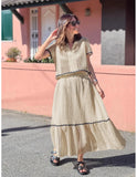 Zingj Summer New Women's Comfortable Casual Shirt Collar Lace Long Skirt Suit
