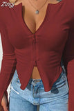 Zipper Women Shirts Autumn Long Sleeve Solid Rib Knit Tops Pullover Elegant Slim Fit Bodycon Office