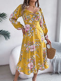 Spring And Summer Sexy Tie Knotted Flowers Long Sleeve Open Fork Dress