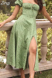 Women Floral Print Long Dress Summer Chic Short Sleeve Square Collar Split A Line Party Sundress Ladies Holiday Beach