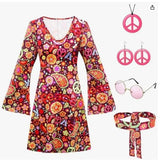 Halloween 70S Hippie Disco Festive Dress Turban + Print Dress