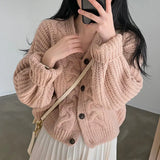 Solid V Neck Puff Sleeve Cable Knit CardiganOutfit