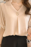 Summer Tops Blouse Women Solid V-neck Short Sleeve Chiffon Blouse Women Elegant Korean Loose Slim New Ladies Tops