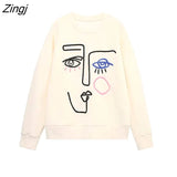 Women Fashion Abstract Portrait Embroidery Casual Fleece Sweatshirts Female Long Sleeve Hoodies Chic Pullovers Tops